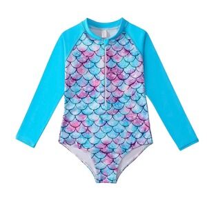Mermaid Scale Long Sleeve Swimsuit‎ Rash Guard with Zipper, Size 7T